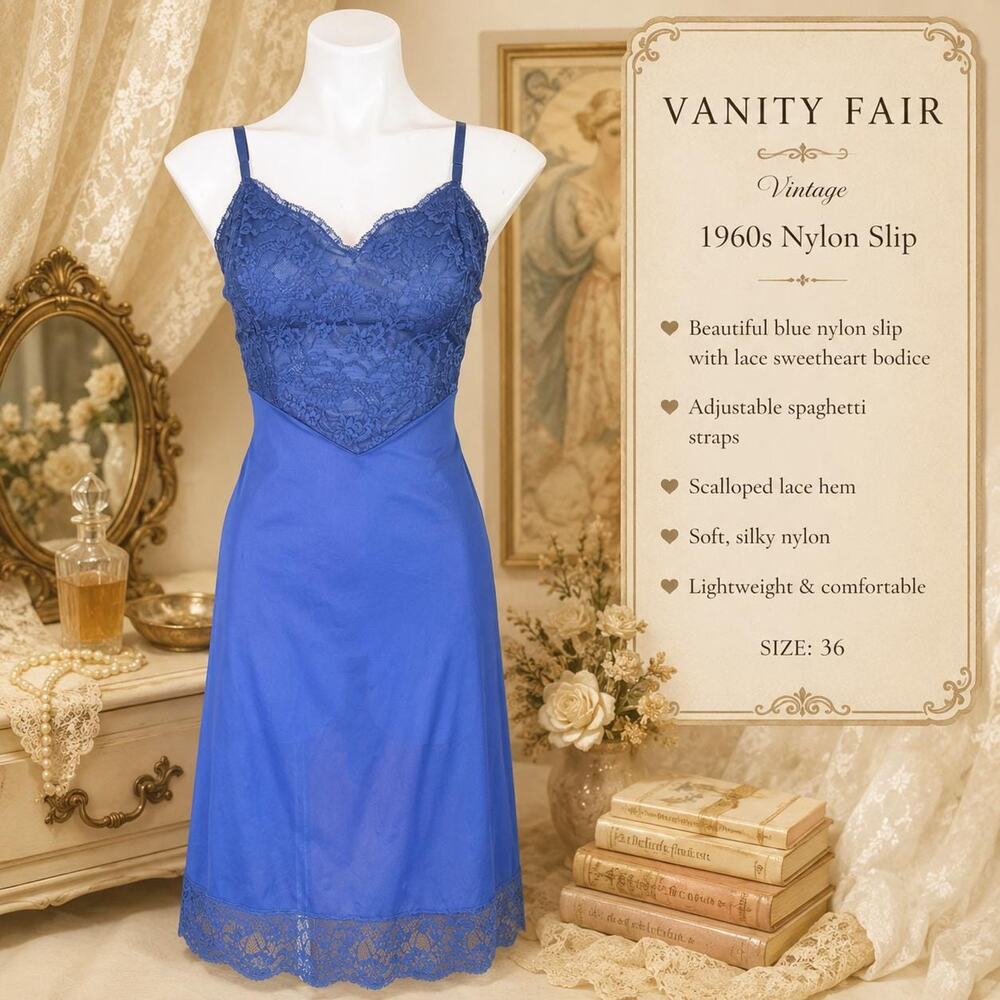 Vanity Fair Blue Nylon Slip 1960s Sweetheart Lace Bodice Size 36
